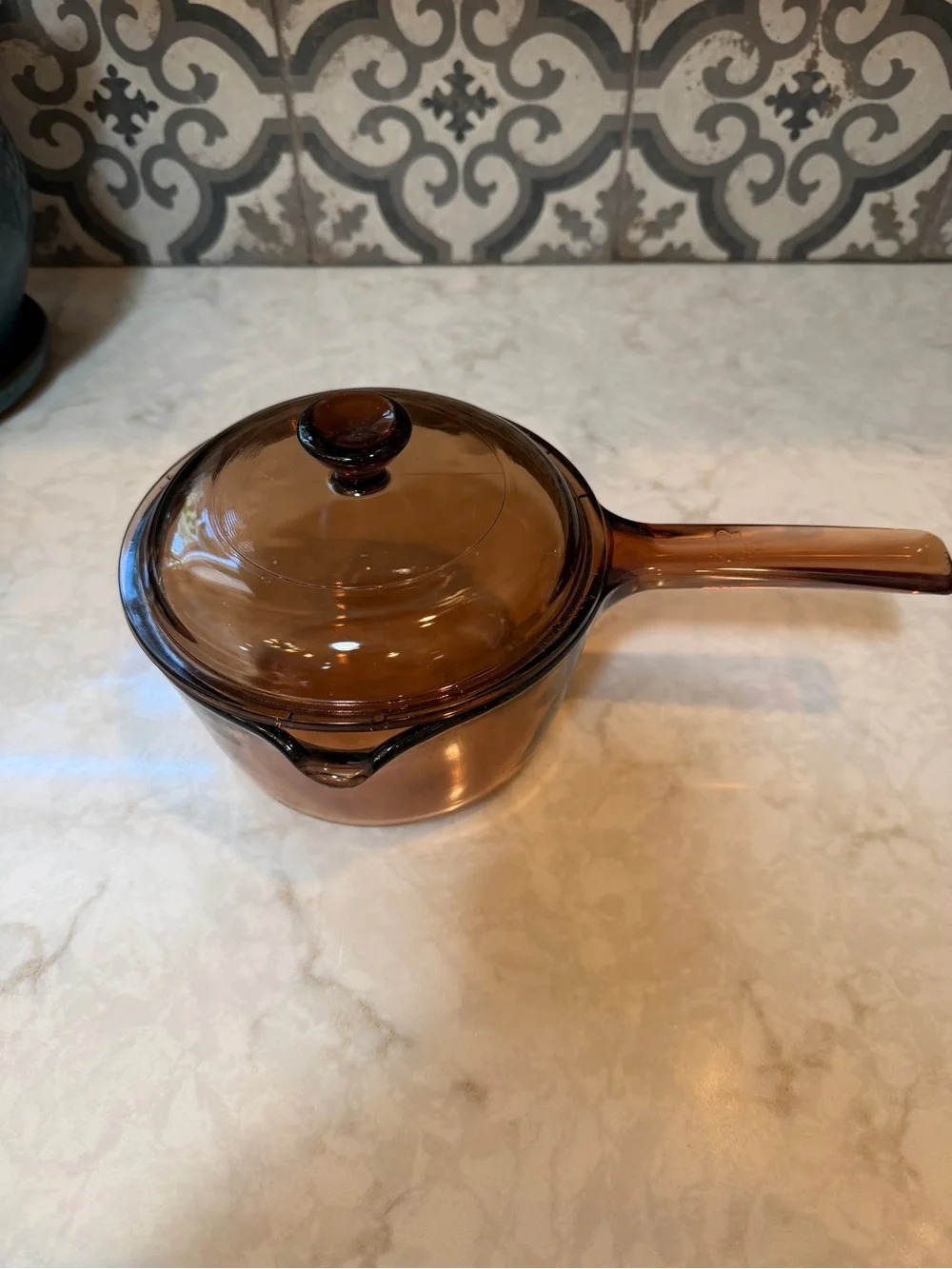 1980s Corning/ Pyrex Visions Cook Ware Amber Brown Glass 1L Pour Sauce Pan w/lid